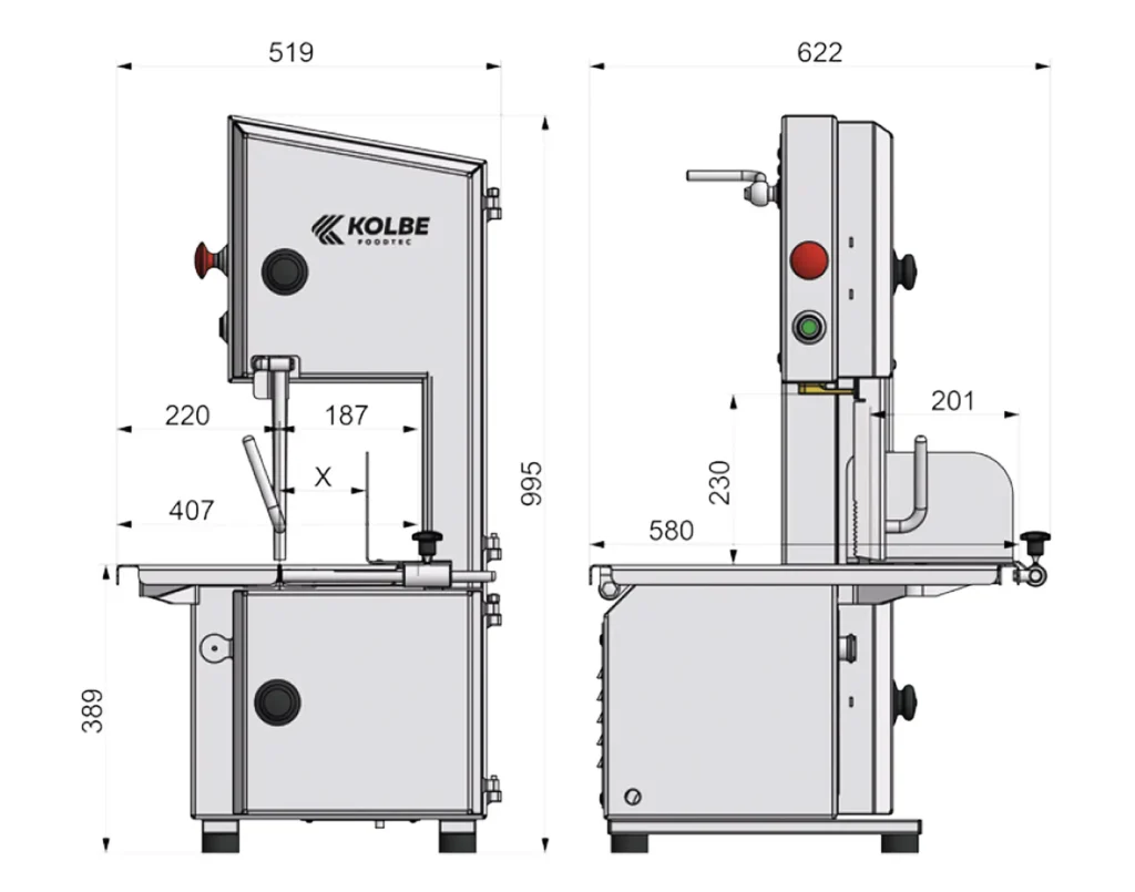 Eine technische Zeichnung mit Maßangaben der K220 Bandsäge von Kolbe.