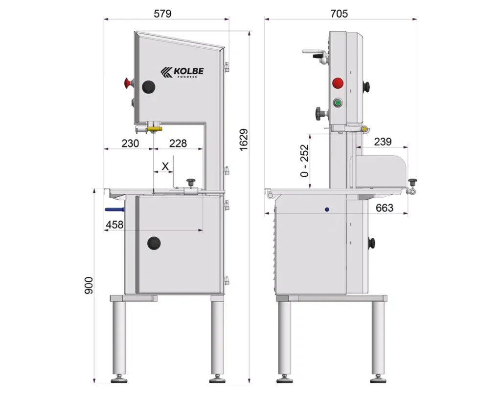 Eine technische Zeichnung mit Maßangaben der K260 Bandsäge von Kolbe.