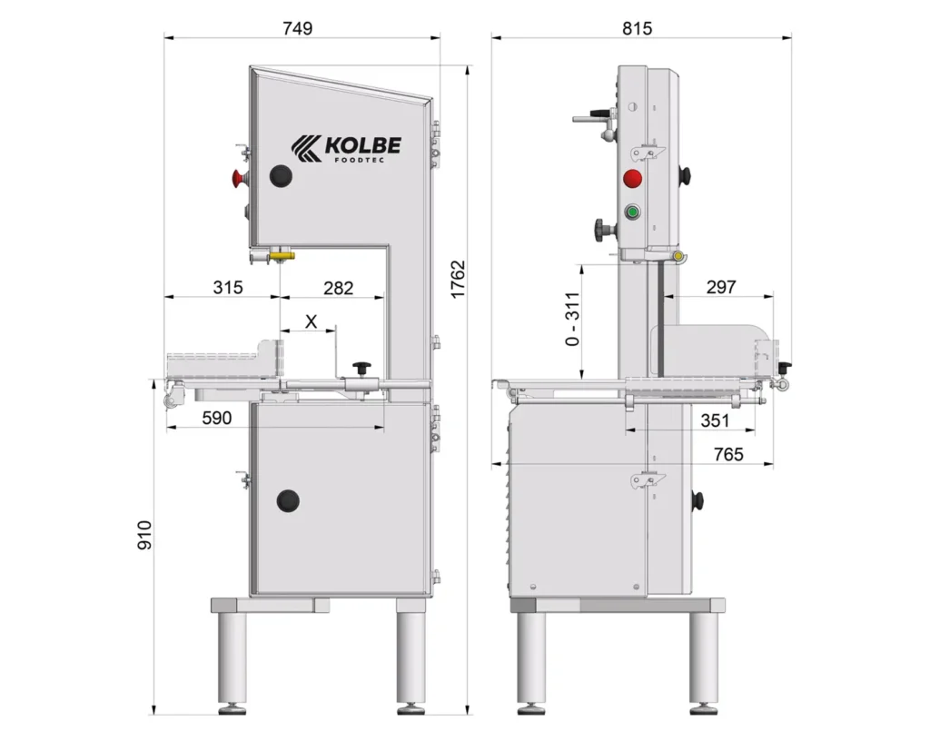 Eine technische Zeichnung mit Maßangaben der K330 Bandsäge von Kolbe.