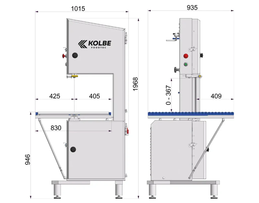 Eine technische Zeichnung mit Maßangaben der K430RT Bandsäge von Kolbe.